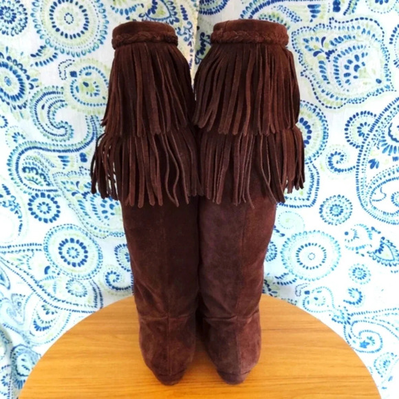 Vintage Gianni Bini Boots Dark Brown Suede Leather Fringe 9M Low Brazil - Picture 5 of 16